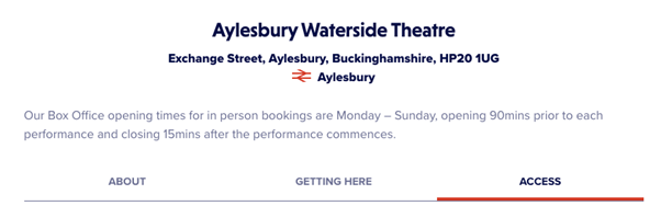 Navigation bar from an ATG Tickets show page, with 3 buttons left to right: About, Getting Here, and Access.